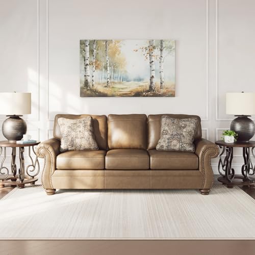 Signature Design by Ashley Shadsburne Rustic Faux Leather Sofa with Nailhead Trim and 2 Throw Pillows, Brown