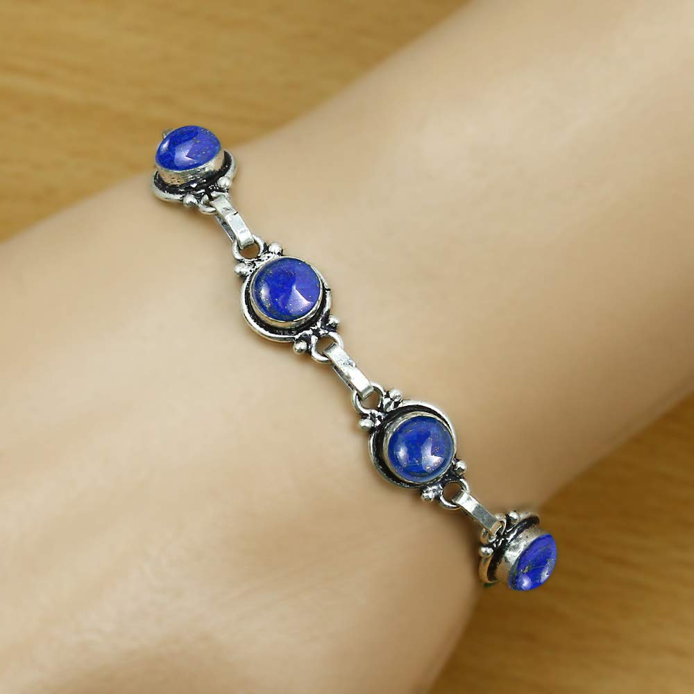 Natural Lapis Lazuli 925 Silver Plated Bracelet for Women - Blue Stone September Birthstone Vintage Style Handmade Gemstone Bracelet - Wedding Christmas Valentine Day Gifts for Her
