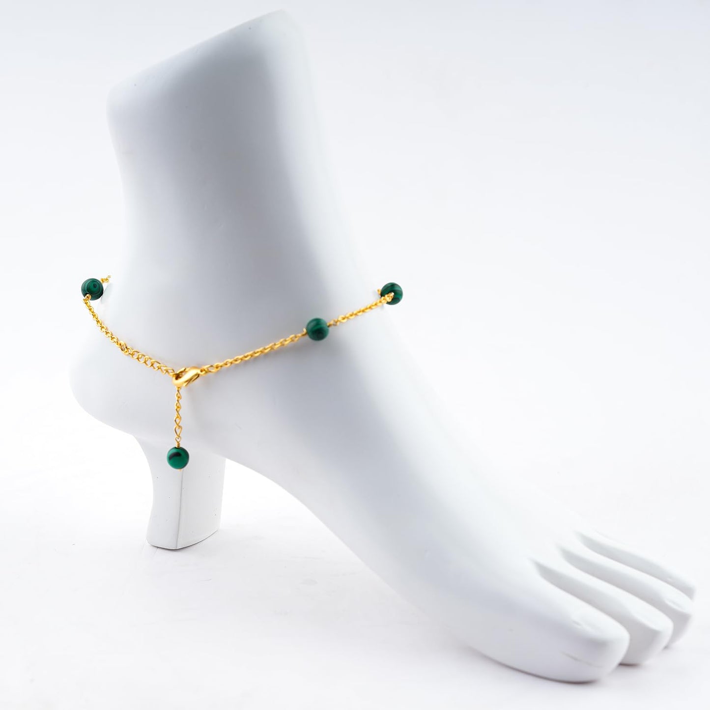Jewel of Rocks Malachite Beaded Anklet Bracelet, Handmade Craft, Beads, Chakra Healing, Gemstone Women Jewelry, Hypoallergenic Gold Plated Brass 9 inch + 1.5 inch (1pcs)