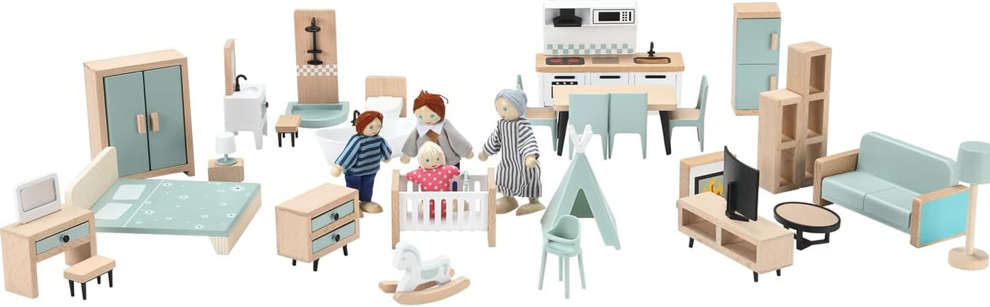 Giant bean 36pcs Wooden Dollhouse Furniture Set 5 Rooms 4 Family Dolls, Wood and Plastic Blue Dollhouse Accessories, Pretend Play Furniture Toys Christmas Birthday Gift for Boys Girls Kids Toddlers 3+