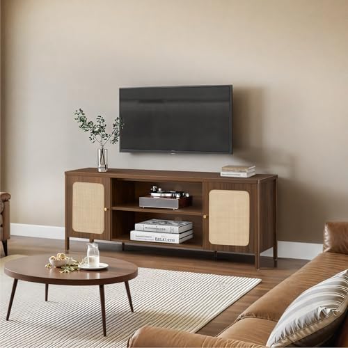KISLOT Rattan TV Stand for TVs up to 75'' Boho Entertainment Center with Adjustable Shelf Television Stand with 2 Storage Cabinets Media Console Wooden TV Cabinet for Living Room Bedroom,Walnut