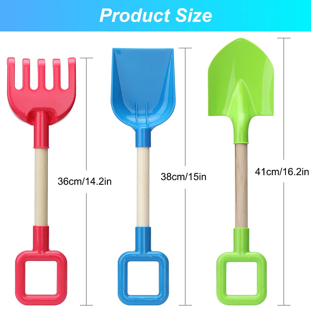 Jumbo Beach Shovels Rake Spade Toys Set for Kids, 16" Long Wooden Handle ABS Plastic Sand Scoop, Planting Summer Winter Gift for Mud Sand Snow Digging, Backyard Gardening Tool Accessories, 3 Pack