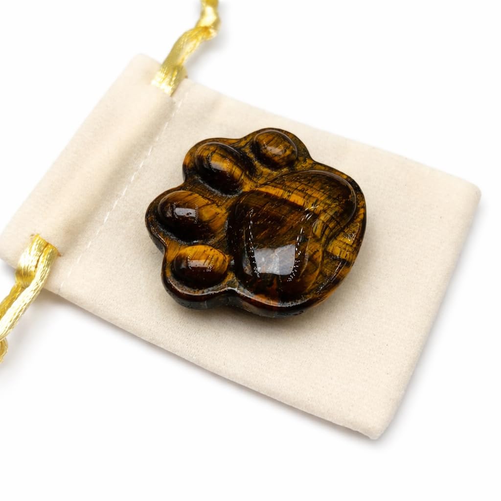 BEAUSIOO 1.6 Inch Tiger's Eye Animal Paw Worry Stone, Healing Crystal Palm Stone for Stress & Anxiety Relief, Ultra Smooth Polished Natural Stones, with Velvet Pouch