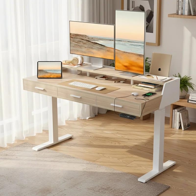 CubiCubi Standing Desk 55x26 Inches with 3 Wood Drawers and Monitor Shelf, Ergonomic Rising Home Office Desks, Height Adjustable Computer Desk, Sit Stand Up Electric Workstation Table, Light Walnut