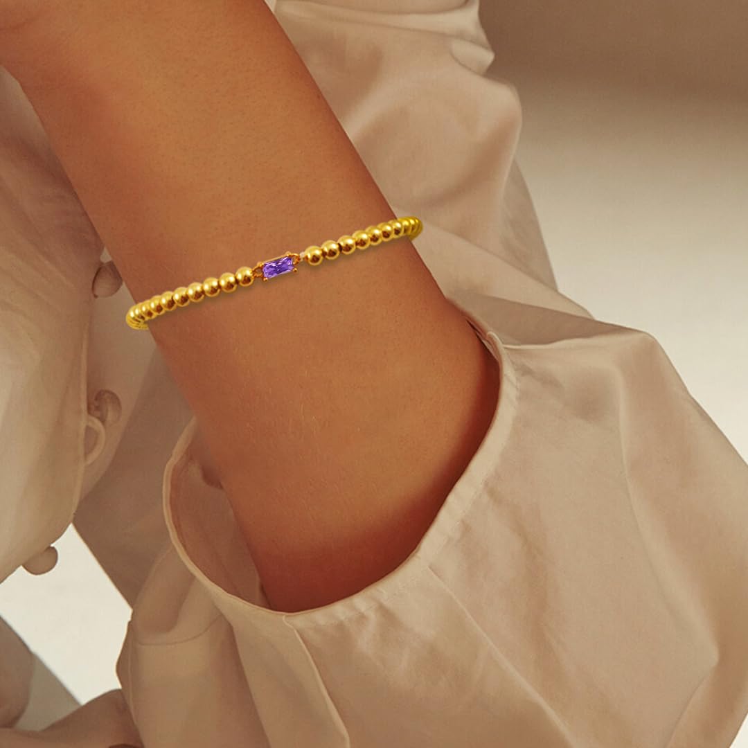 Free bird Amethyst Bracelet for Women 14K Gold Plated February Birthstone Bracelet Simple Gold Bead Bracelets for Women Trendy Gold Bracelets for Birthday Gift