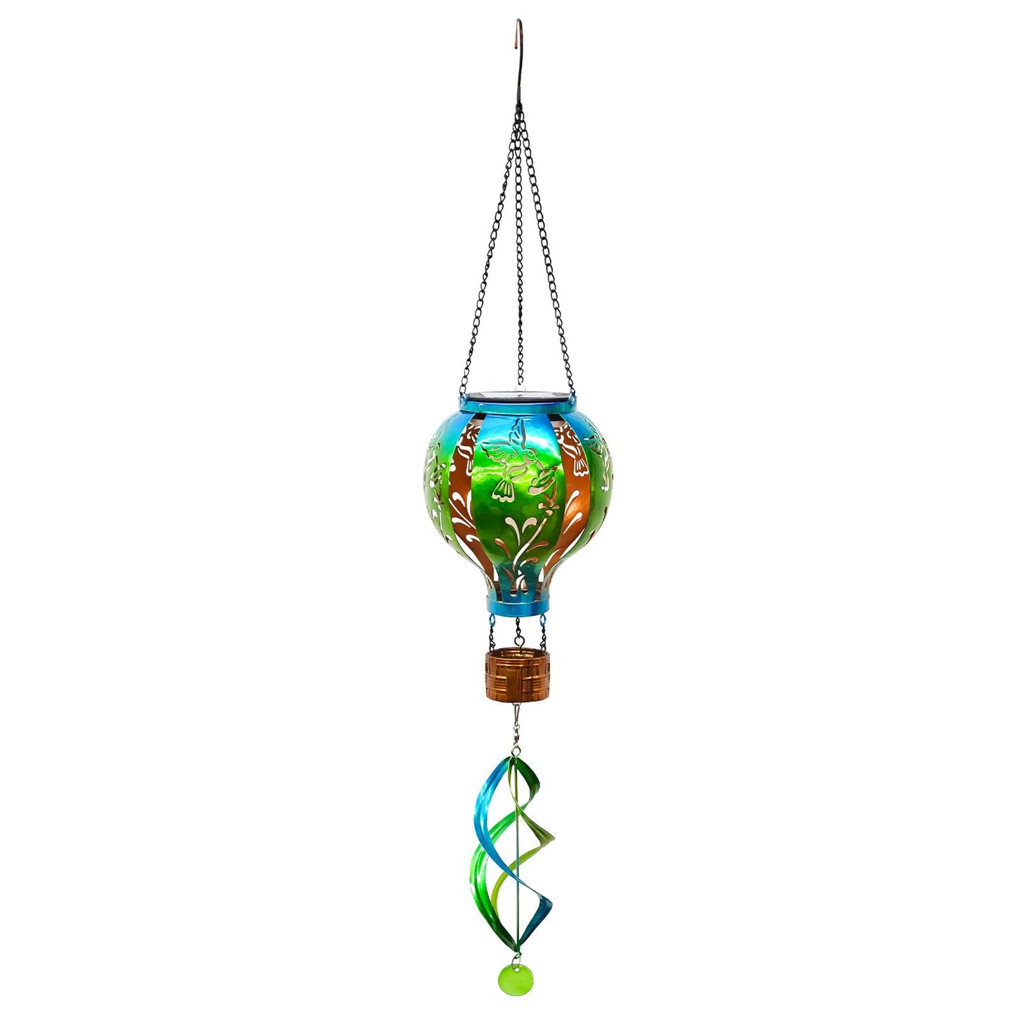 Hot Air Balloon Solar Lantern Hummingbird Wind Spinners with Flickering Flame Light Hanging Solar Lantern Outdoor Waterproof Decorations for Outside Patio Garden Yard