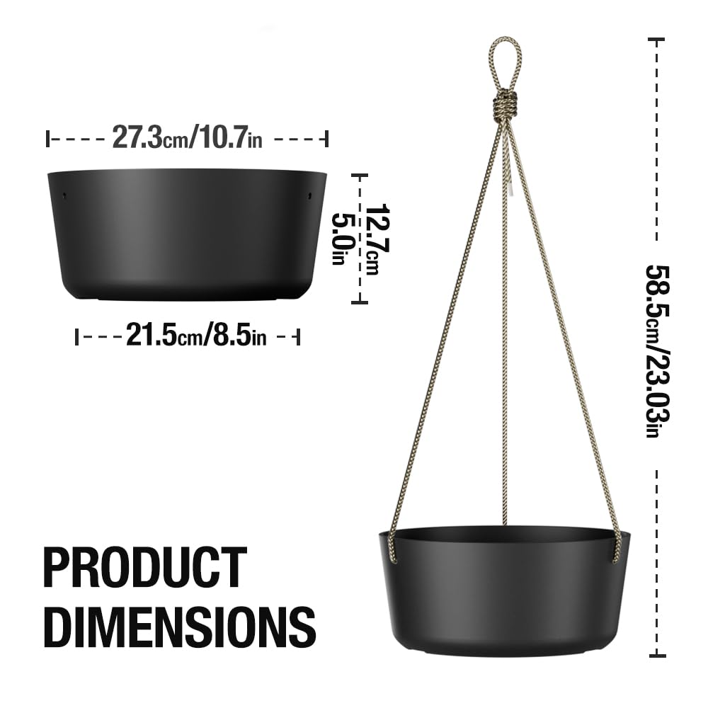 Asnext 10.7 Inch Hanging Planter for Outdoor Indoor Plants,2 Pack Hanging Flower Pots with Drain Holes for Garden Home Decor Use (Black)