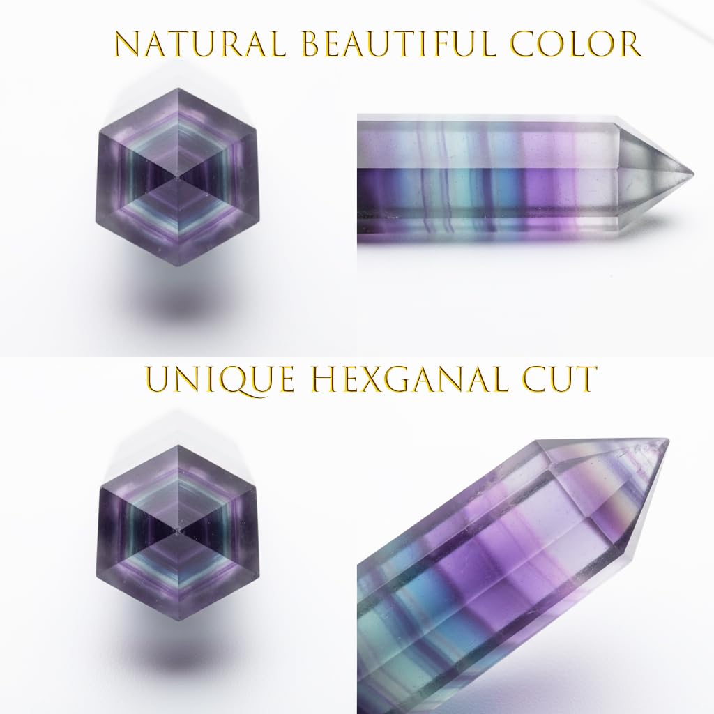 WHAL&YUNE Gemstone Wands 1PC, Rainbow Fluorite Hexagonal Wand Crystals and Healing Stones, Natural Hand Carved Pointed Stone Crystals Tower for Home Decor- 3"-3.5"(8-9cm)