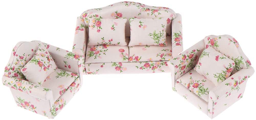 Dollhouse Furniture Set 3 Pcs 1:12 Dollhouse Miniature Wooden Sofa Cushions Armchair Pillow Kit Dolls House Furniture Couch with 1 Pc Dollhouse Teatable Coffee Table