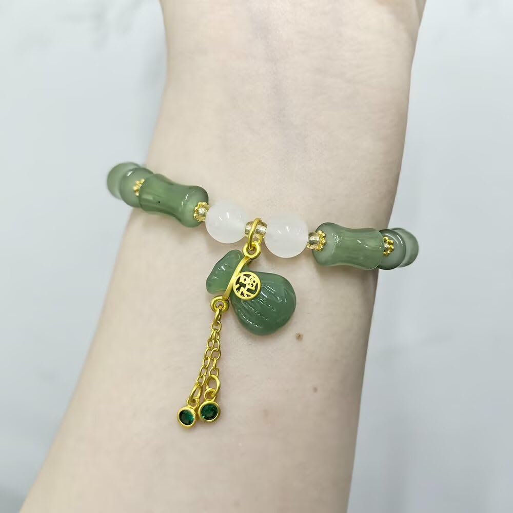Zhang shine Bamboo Bracelet Jade Stones Lucky Money Bag Pendant Charm Stretch Beaded Bracelets For Women Fengshui Jewelry-Green White Lucky