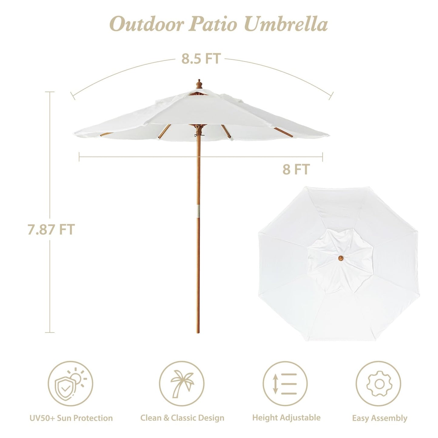 AMMSUN 8.5ft Luxury Premium Boho Patio Umbrella Wood Pole Fancy Bali-style Outdoor Umbrella UPF 50+ Sun Protection with Pulley Lift Air Vent for Garden, Pool, Deck, Beach, Backyard, Events Natural White without Tassel