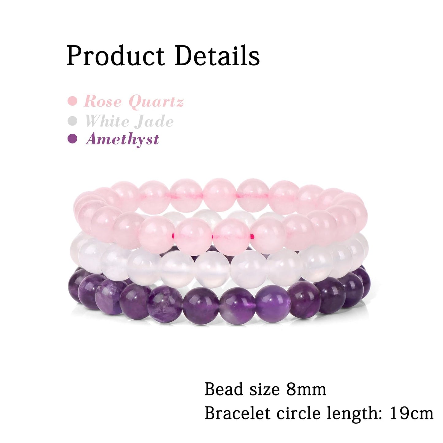 Risyfjew 3 PCS Healing Crystal Bracelets for Women 8mm Natural Stone Beaded Stretch Chakra Bracelets Amethyst Jewelry Gifts