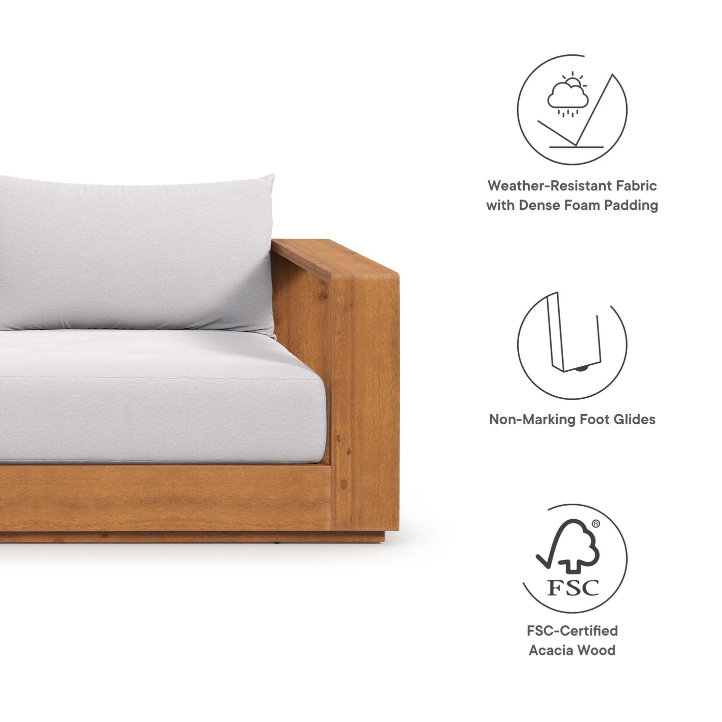 Modway Tahoe Acacia Wood Outdoor Patio Sofa in Natural Light Gray with Weather-Resistant Cushions - Ideal as a Porch Couch or Sunroom Sofa
