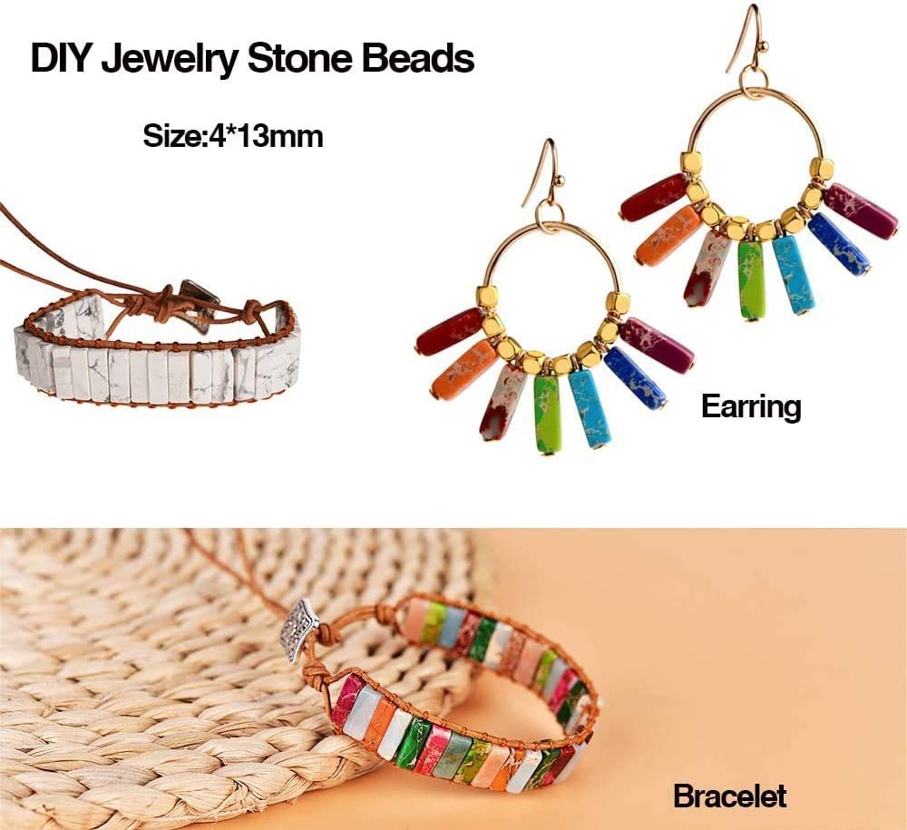 4x13mm Natural Stone Green Point Jasper Rectangular Column Tube Cylinder Spacer Loose Beads Gemstone for DIY Bracelets Necklace Jewelry Making Strand 15 Inch (28-30pcs)