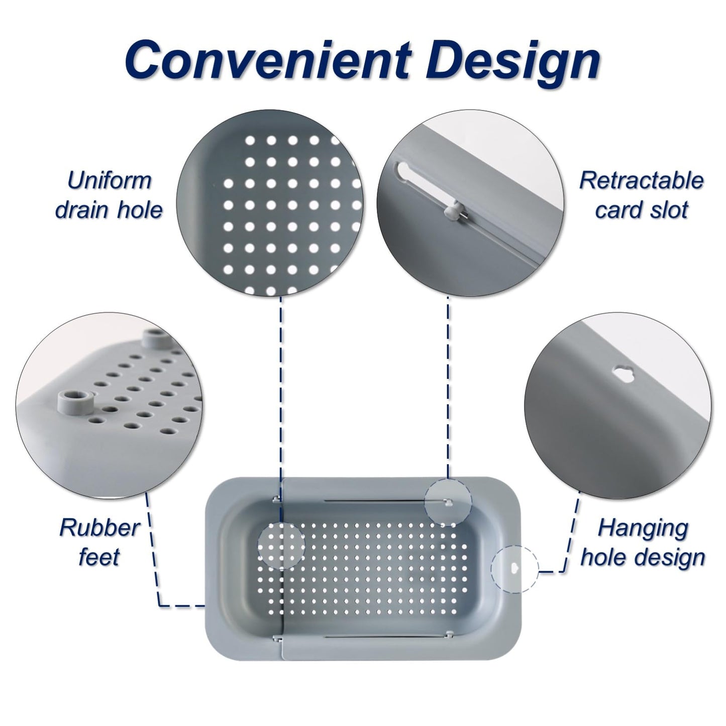 YUNKWONG Extendable Sink Colander Strainer Basket - Wash Vegetables and Fruits, Drain Cooked Pasta and Dry Dishes - Adjustable Over the Sink Colander Collapsible Drainer Basket -Gray