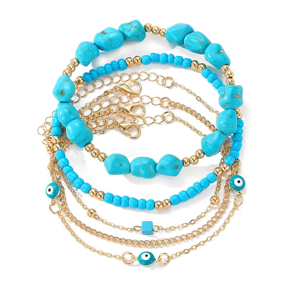 CIWEAI Gold Turquoise Beaded Western Jewelry for Women Fashion Stackable Irregular Turquoise Bead Bracelets Elastic Stack Evil Eyes Bracelet Boho Accessories (AA)