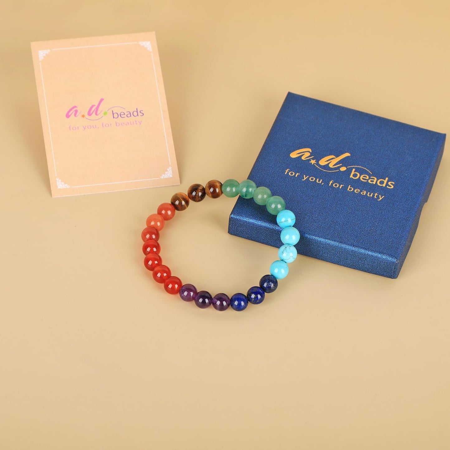 AD Beads Handmade Gemstone Stretch Elastic Bracelet Crystal Healing Reiki Nature's Beauty and Spiritual Essence Unisex (8mm, Seven Chakra Stones (Energy Balancing))