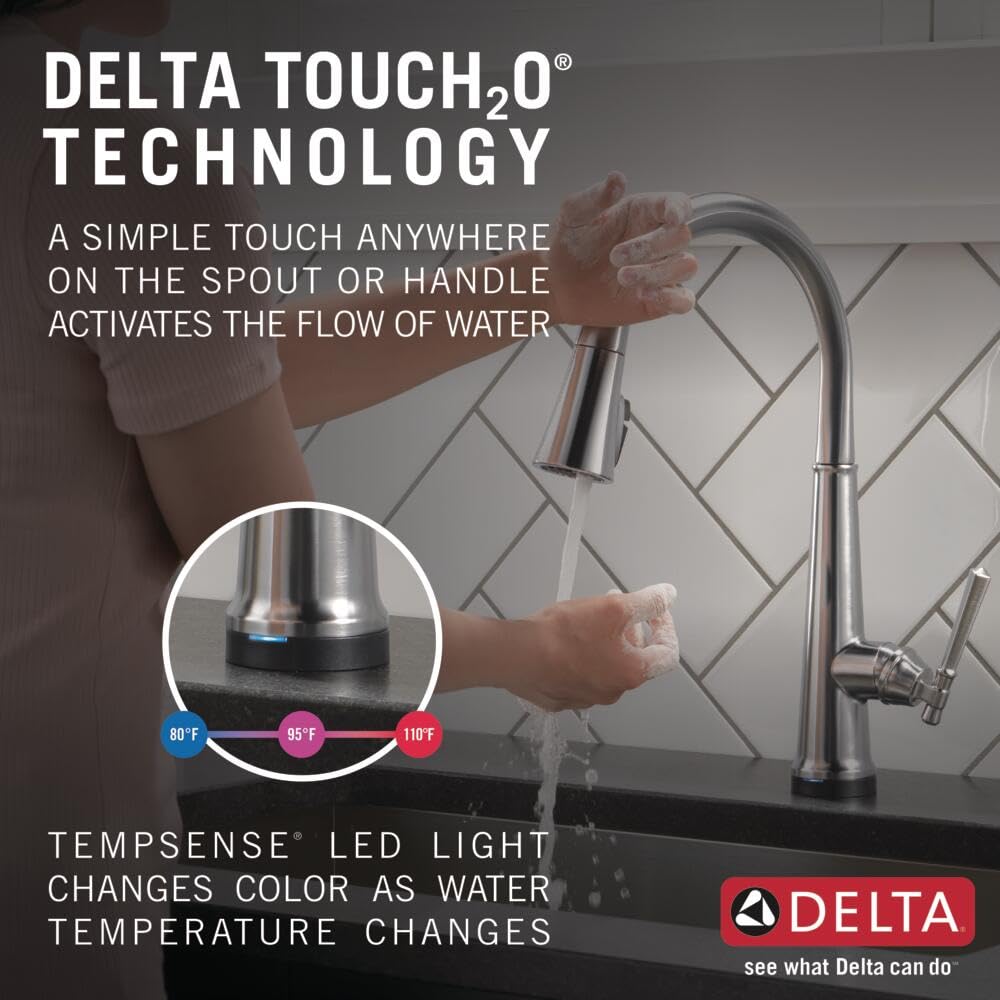 Delta Faucet Emmeline Touch Kitchen Faucet Brushed Nickel, Kitchen Faucets with Pull Down Sprayer, Kitchen Sink Faucet, Delta Touch2O Technology, Lumicoat Arctic Stainless 9182T-AR-PR-DST