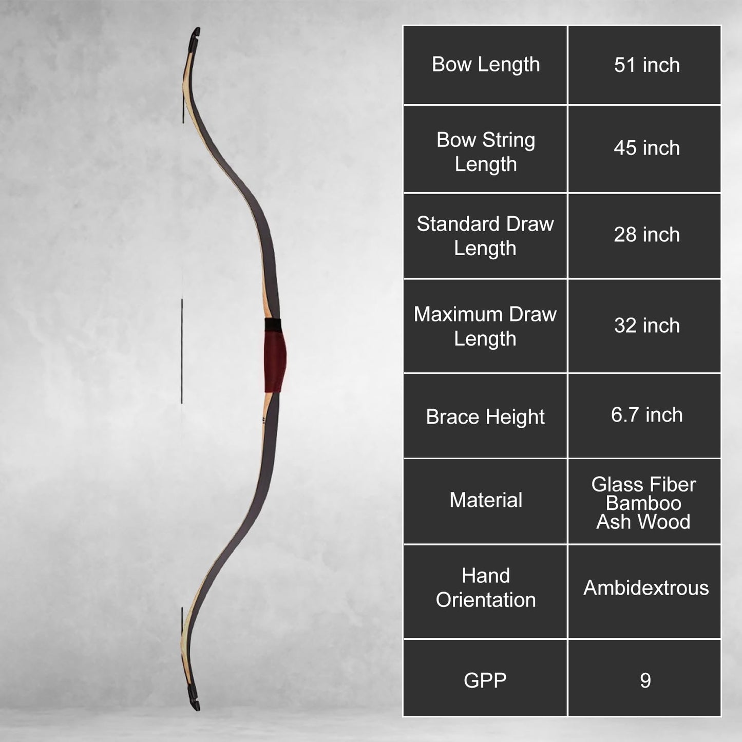AF Archery Turkish Recurve Bow, 50" High-Performance Traditional Laminated Hunting Horse Bow for Adults Youth Beginners Enthusiasts and Hunting (Black Turkish, 50LBS)