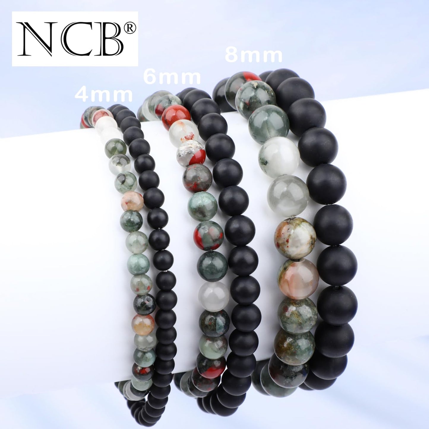 NCB 2-Piece 4mm Natural Crystal Gemstone Stretch Bracelets – African Bloodstone, Matte Black Agate Handmade Reiki Energy Healing Jewelry for Meditation,Yoga, Unisex