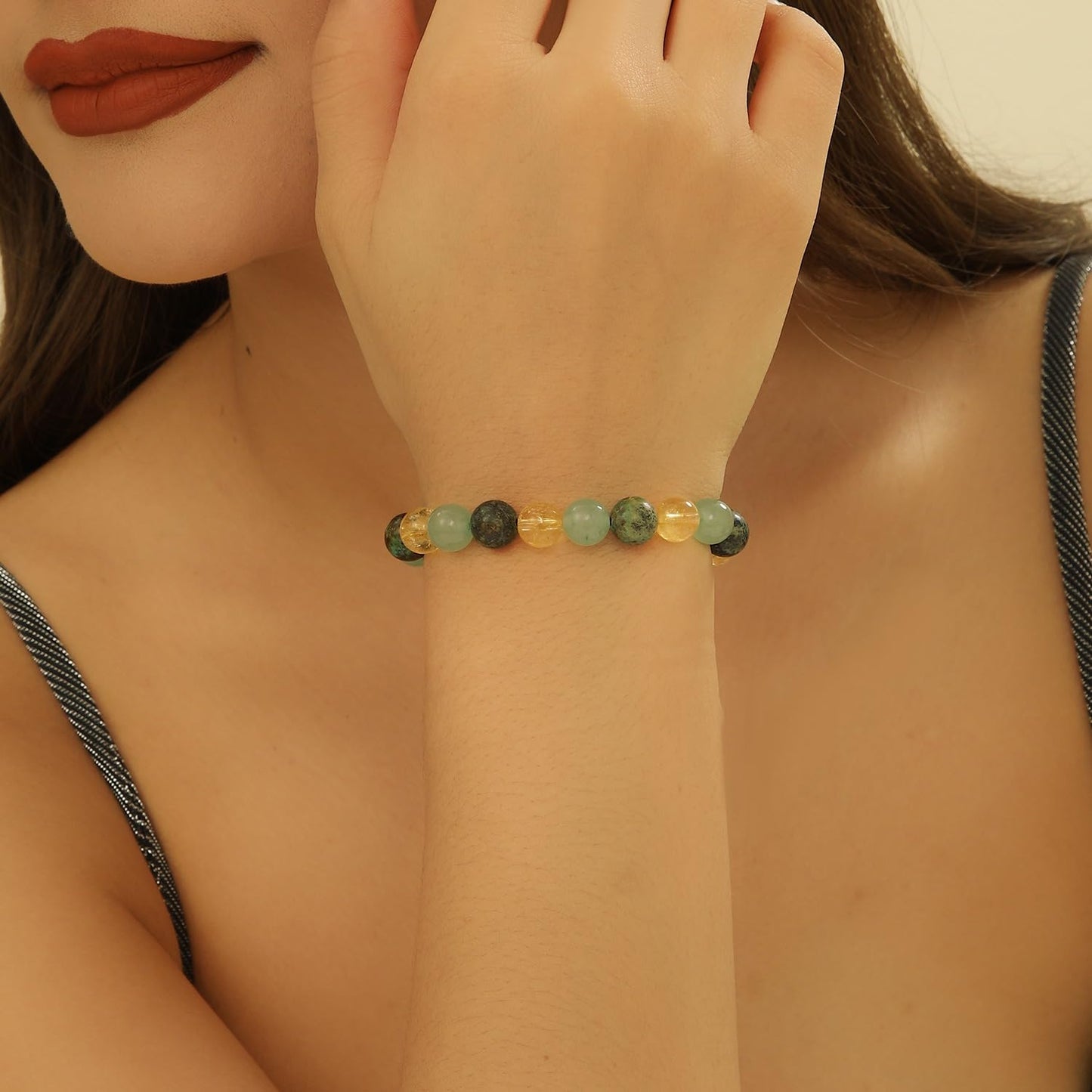 Crystal Vibe Extra Strength Wealth Bracelet - Money Bracelet for Prosperity - Citrine, Green Aventurine and African Turquoise Beaded Bracelet for Women Men - Adjustable Size