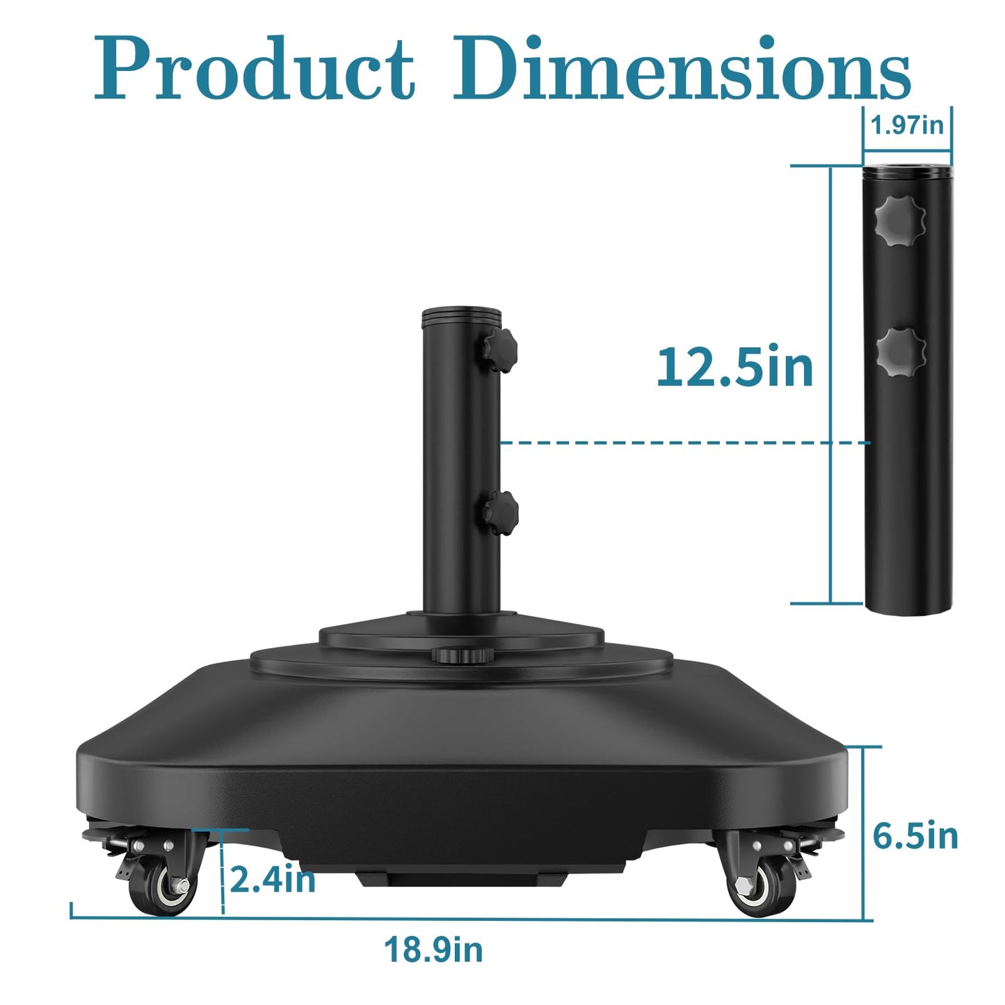 Umbrella Base, Heavy Duty Patio Umbrella Stand with 5 Wheels, Max 100lb Fillable Mobile Outdoor Base, Pole Holder 2 Knobs, UV Resistant and Windproof Design for Patio, Deck, Poolside, Lawn(19 in)