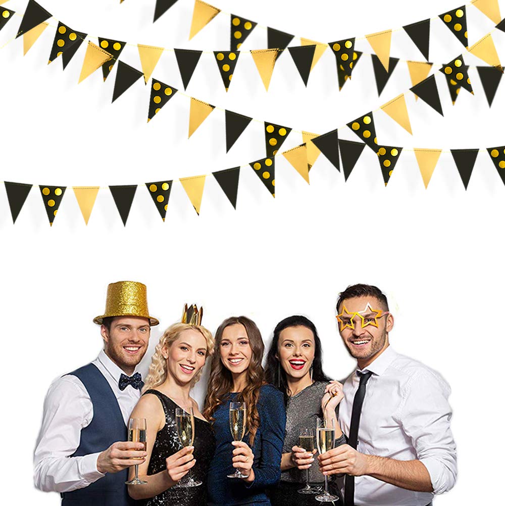 30Ft Black Gold Party Decorations Polka Dot Pennant Banner Paper Circle Dot Triangle Flags Bunting Garland for Wedding Bridal Shower Birthday Bachelorette Engagement Anniversary Holiday Party Supplies