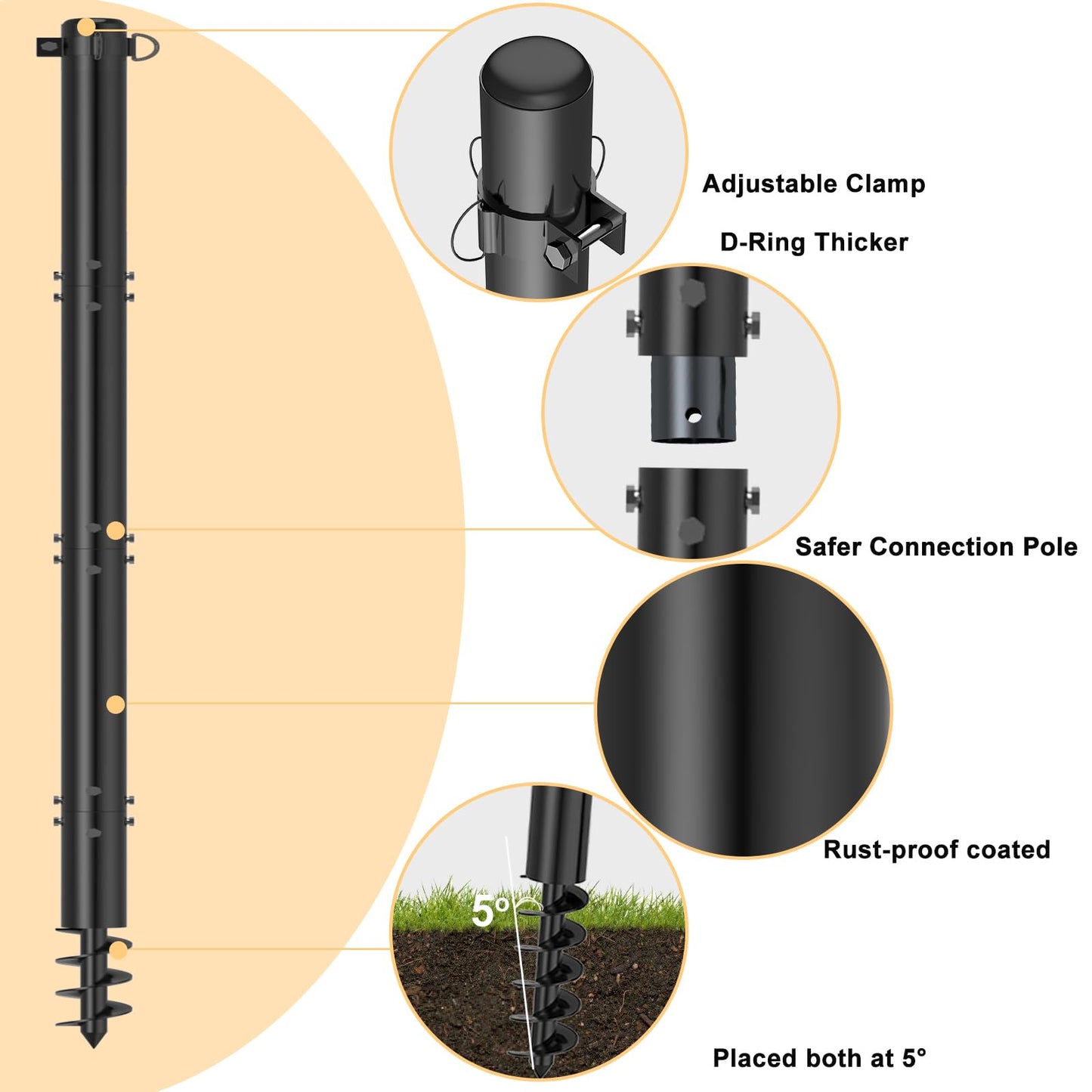 TOCRETOARE Shade Sail Poles, 2 Pack Heavy Duty Sun Poles ,Steel Shade Sail Post with D-Clamp for Outdoor String Light, Patio, Backyard 2.36in