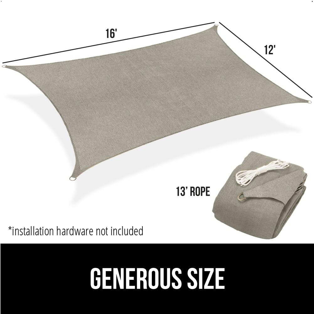 GORILLA GRIP Heavy Duty Sun Shade, UV Protection Fade Tear and Rust Resistant Rectangle Sunshade Canopy, Curved Edges Blocks Sunlight, Breathable Sail, Outdoor Patio, Lawn Garden 12x16 FT Gray