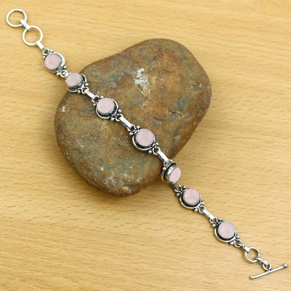 Natural Rose Quartz 925 Silver Plated Light Weight Trendy Adjustable Bracelet for Women - January Birthstone Pink Gemstone Handmade Link Bracelet - Wedding Jewelry Gifts for Her