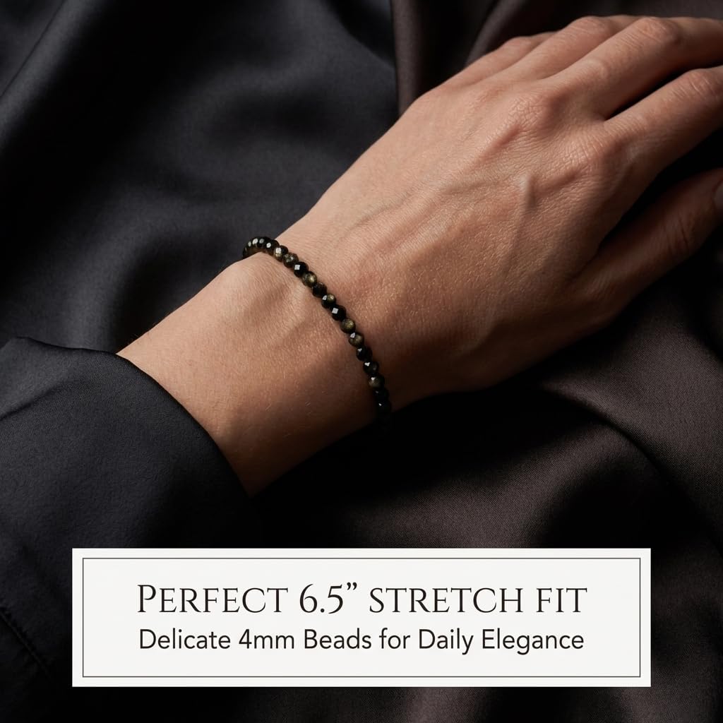 Angelstones Natural Golden Obsidian Gemstone Stretch Bracelet, 4mm Faceted Round Beads, Crystal Healing for Women