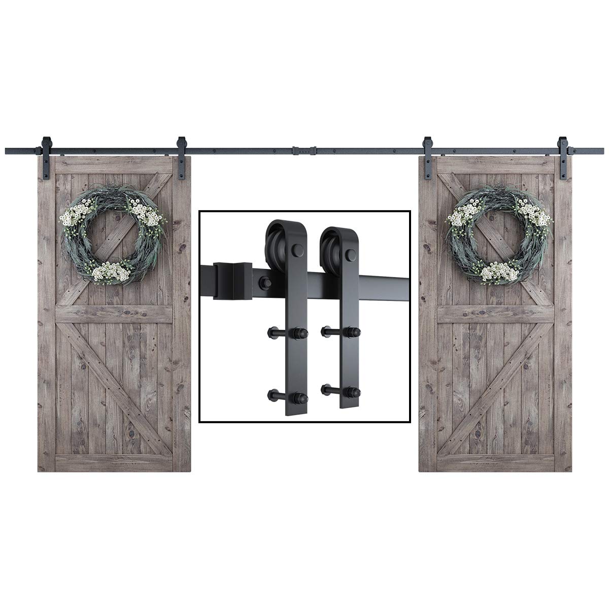 SMARTSTANDARD 12 Feet Heavy Duty Double Sliding Barn Door Hardware Kit with 2 Pack Handles