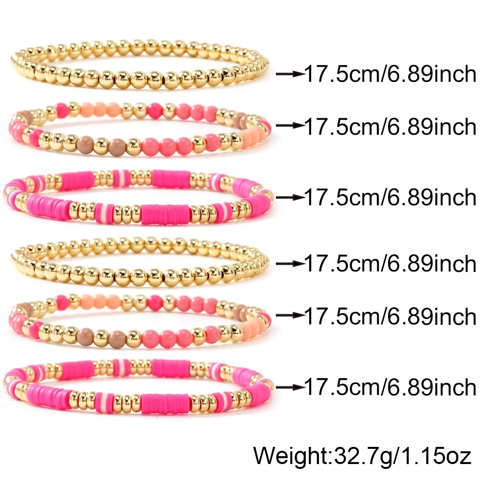 Bohxantium Gold Beaded Friendship Bracelets Stack for Women Boho Pink Heishi Clay 14K Gold Plated Beads Ball Stackable Stretch Surfer Colorful Preppy Bracelet Trendy Jewelry Daily Wear Birthday Gift