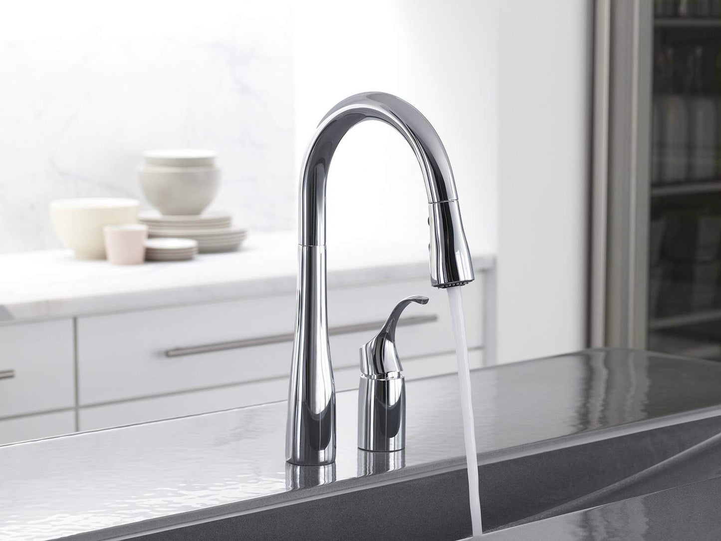 KOHLER 649-CP Simplice Pull Down Kitchen Faucet, 2-Spray Faucet, Kitchen Sink Faucet with Pull Down Sprayer, Polished Chrome