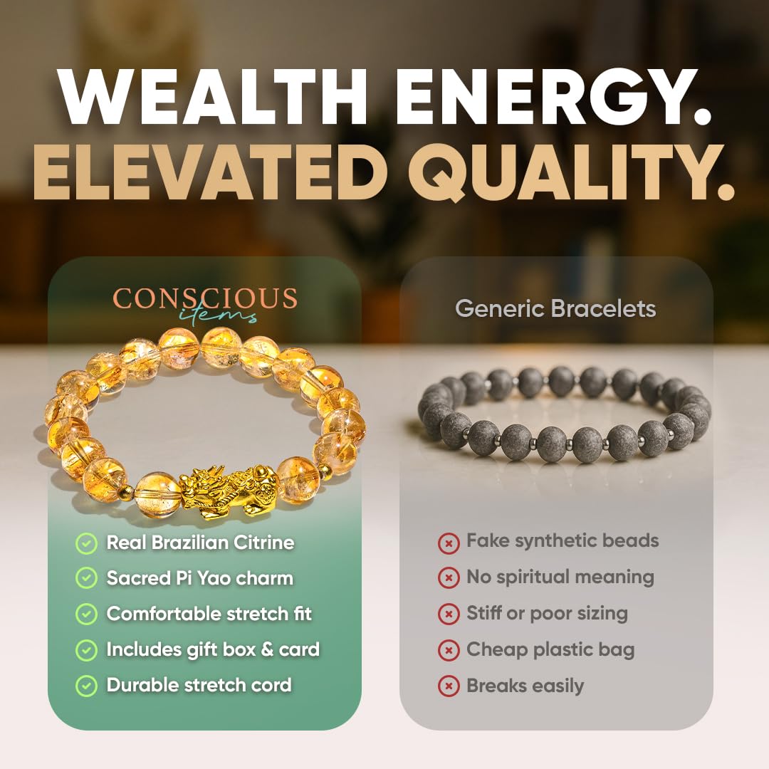Conscious Items The Ultimate Wealth Bracelet, Citrine Crystal & Pixiu Bracelet for Prosperity & Protection, Abundance Manifesting Bracelets with Prosperity Stone, Wealth Amulet for Men & Women