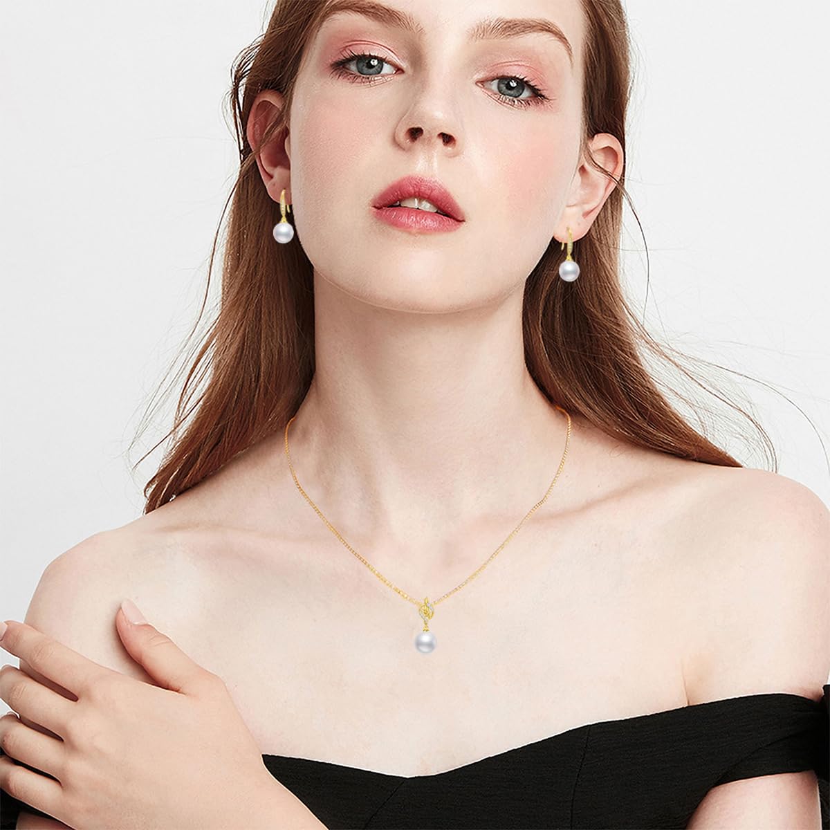 14k Gold Diamond Pearl Necklace and Earrings Set