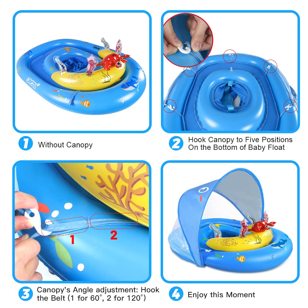 LAYCOL Baby Pool Float with Canopy UPF50+, 120°Adjustable Sun Protection and Anti-Tip Safety Seat, Inflatable Toddler Floaties Infant Pool Float with Animal Pool Toys, Baby Beach Essentials for 6-36M