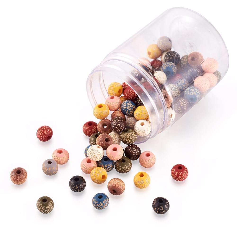 KISSITTY 100pcs/box Painted Wooden Beads for Crafts Natural Wood Beads Leopard Print Beads 10 Colors for DIY Bracelet Necklace Earrings Jewelry Making About 10mm in Diameter