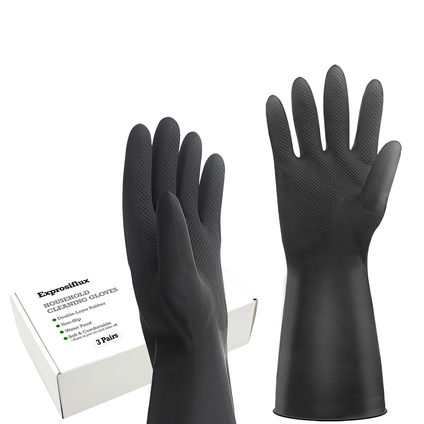 Exprosiflux Heavy-Duty Thick Rubber Cleaning Gloves - 3 Pairs of Extra-Large Black Reusable Waterproof Non-Slip Gloves for Dishwashing and Kitchen Cleaning