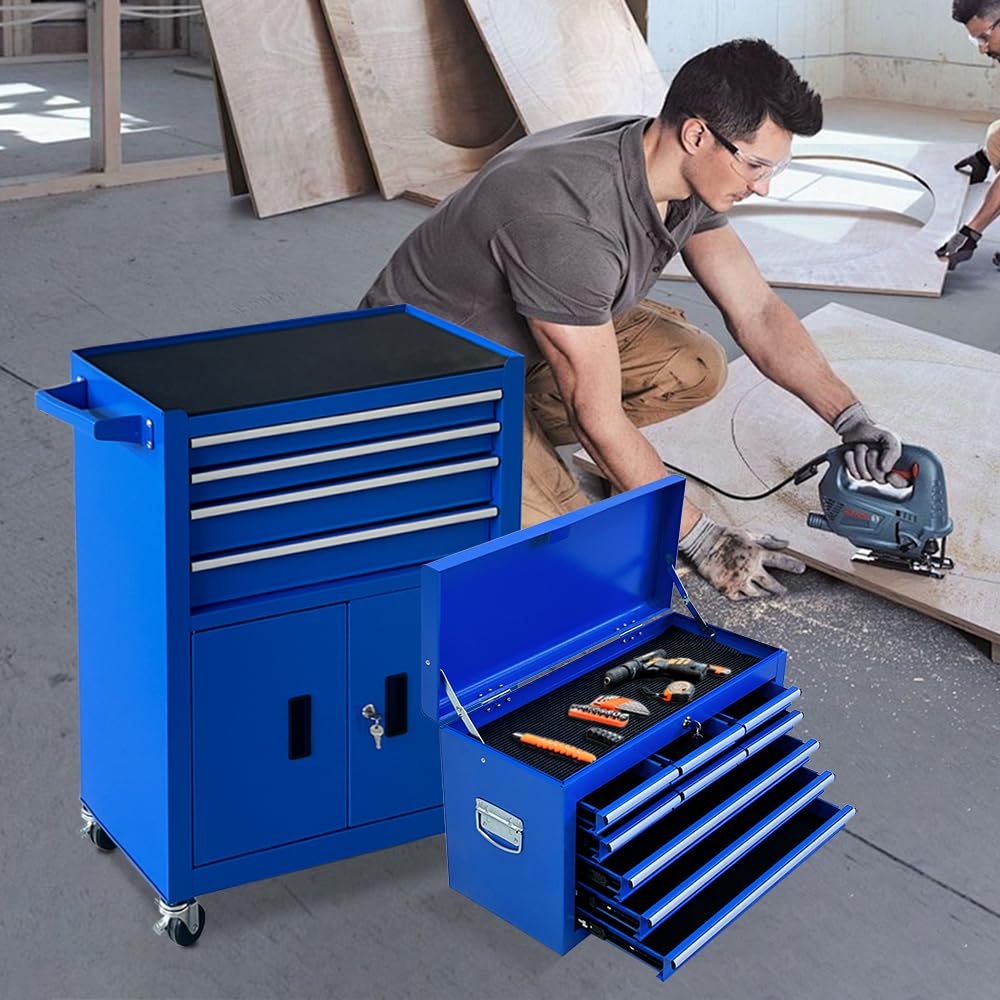 TOKUWA 13-Drawer Double Doors Handle Rolling Tool Chest, 2 in 1 Detachable Rolling Tool Chests, Large Tool Boxes with Lock, Metal Standing Tool Cabinet for Garage Workshop(Blue)