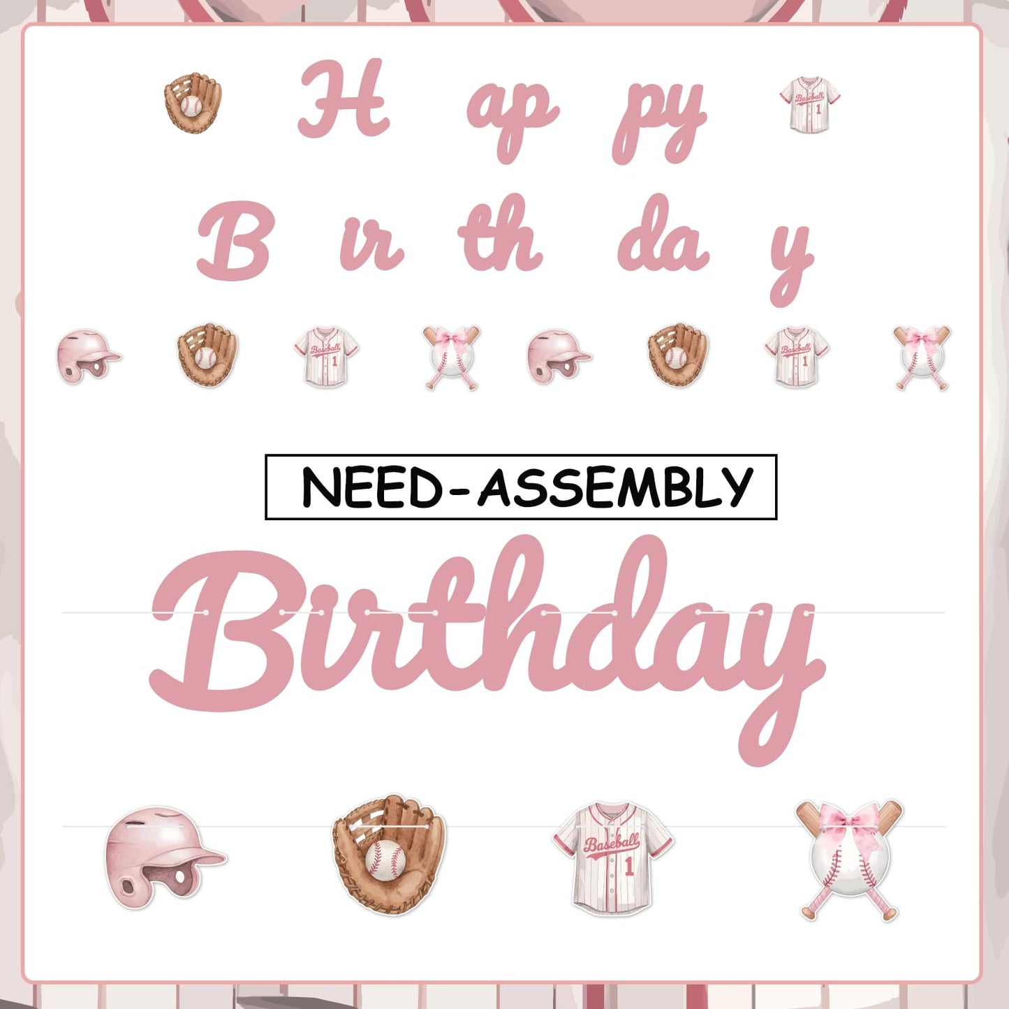SHADOAMP Baseball Birthday Party Decorations Girl, Pink “Happy Birthday” Banner and Hanging Cutouts - Softball Themed Garland Kit with Gloves, Jerseys, Helmets - DIY Paper Set for Sporty Girl