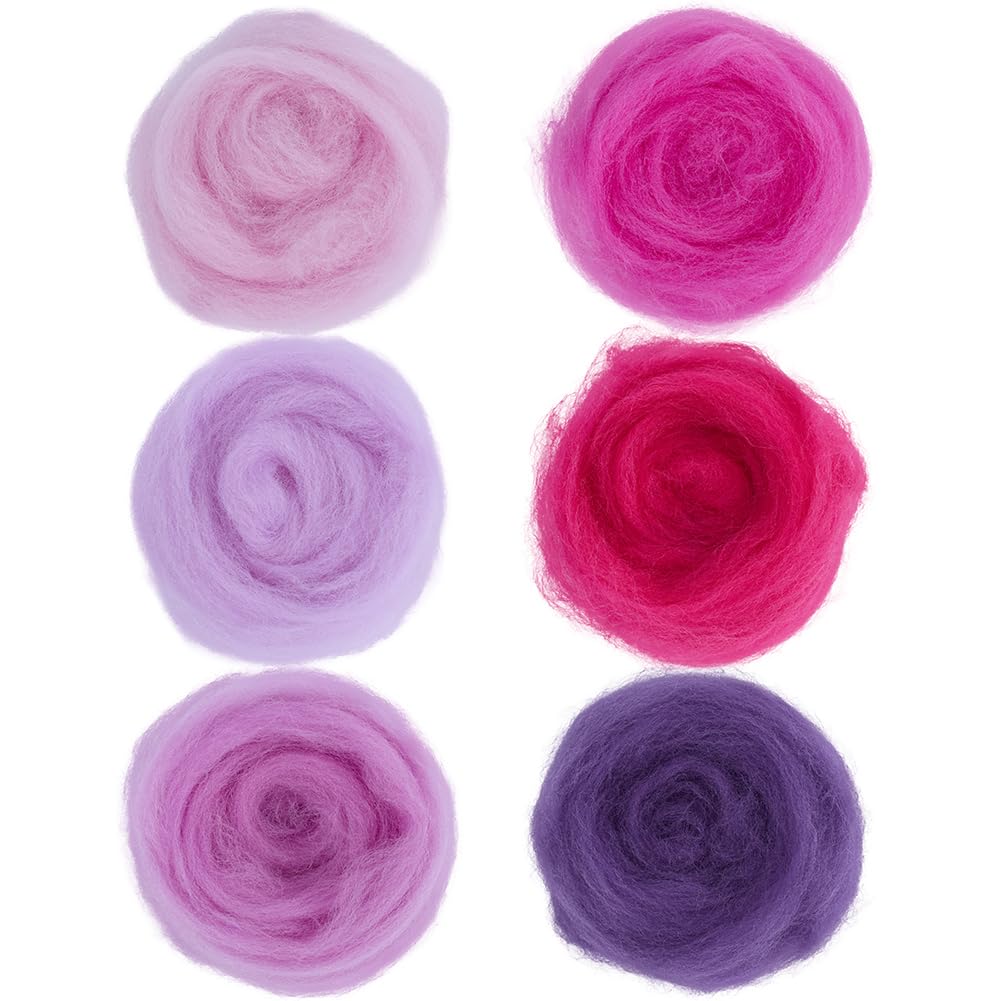 SOFPLATE 18Pcs 6 Colors Wool Roving Colors Needle Felting Yarn Bulk Pink Purple Flower Art Handcraft Spring Wet Felting Hand Spinning Wool for Beginners DIY Weaving Blending Craft Supplies Adults
