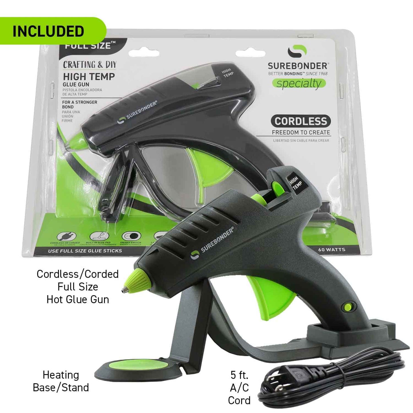 Surebonder Cordless Hot Glue Gun, High Temperature, Full Size, 60W, 50% More Power - Sturdily Bonds Metal, Wood, Ceramics, Leather & Other Strong Materials (Specialty Series CL-800F)