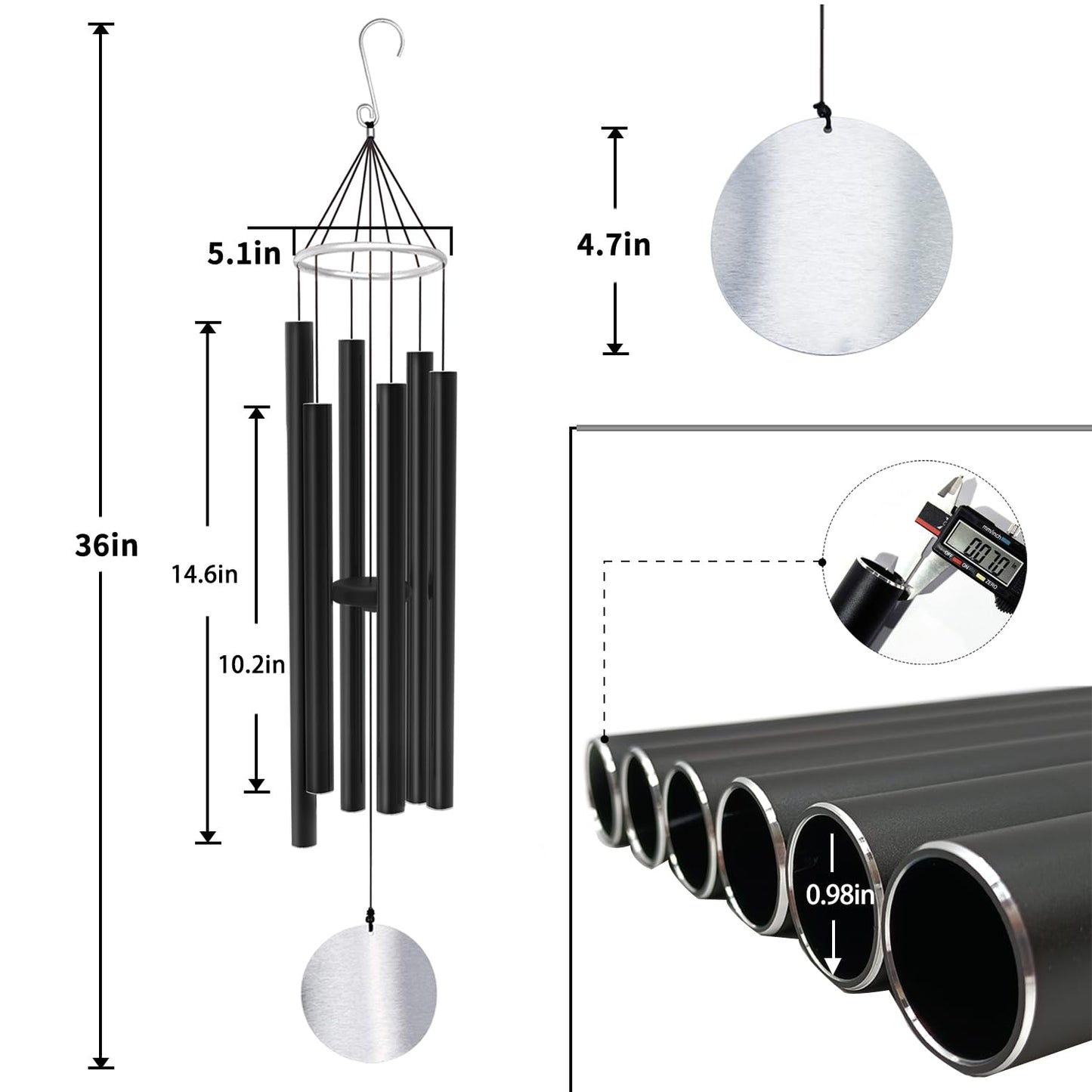 ASTARIN Wind Chimes Outdoor Large Deep Tone,36 Inch Large Chimes for Outside Tuned Relaxing Soothing Low Bass,Memorial Windchimes Sympathy for Mom Dad,Black