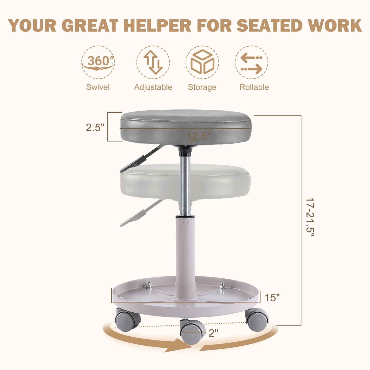 WUDOYO Rolling Salon Stool with Storage Tray (Grey)