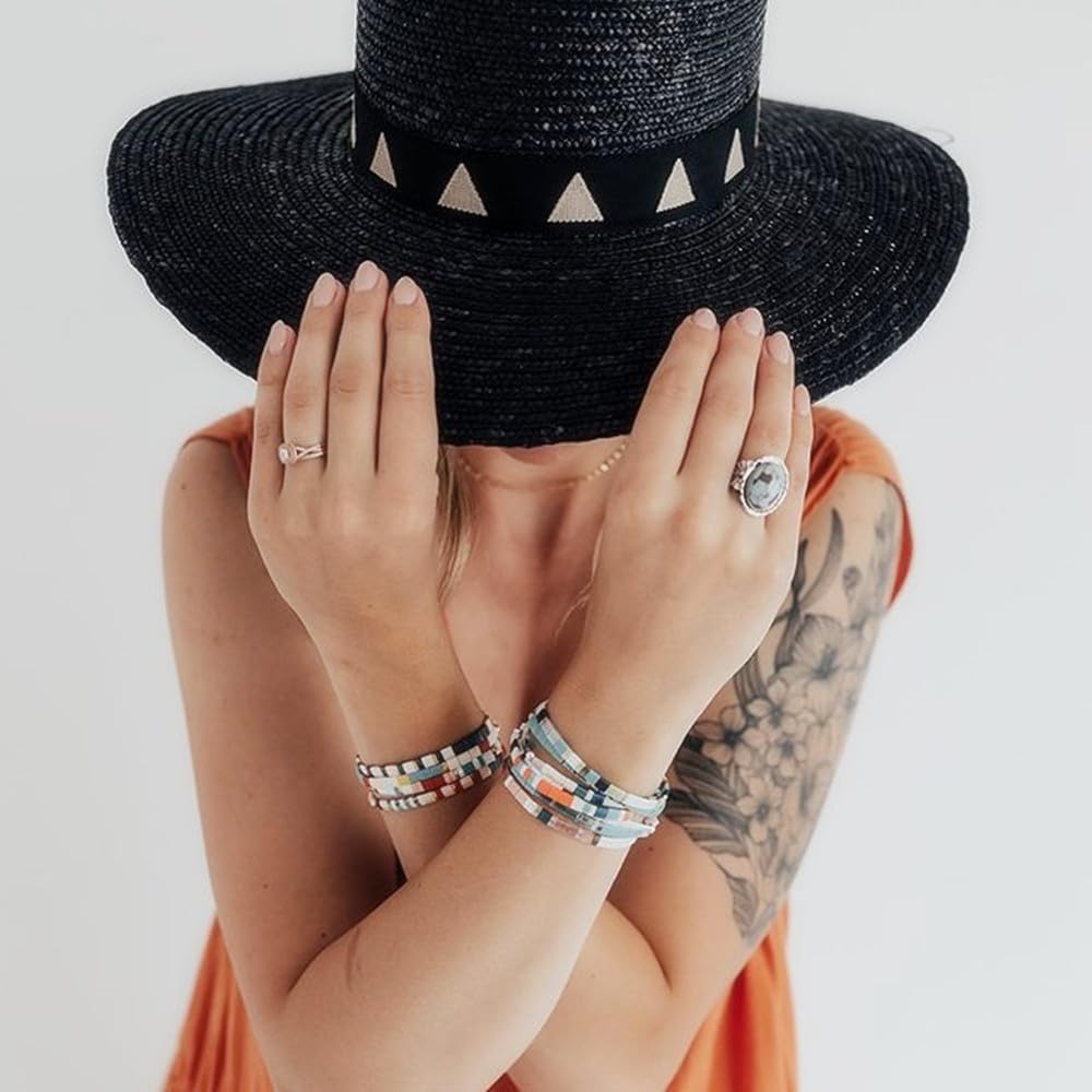Sonateomber Tila Flat Beaded Stretch Strand Bracelets for Women - Trendy Unique Friendship Handmade Colorful Square Seed Beads Beach Link Bracelet Stackable Jewelry Friend Gifts