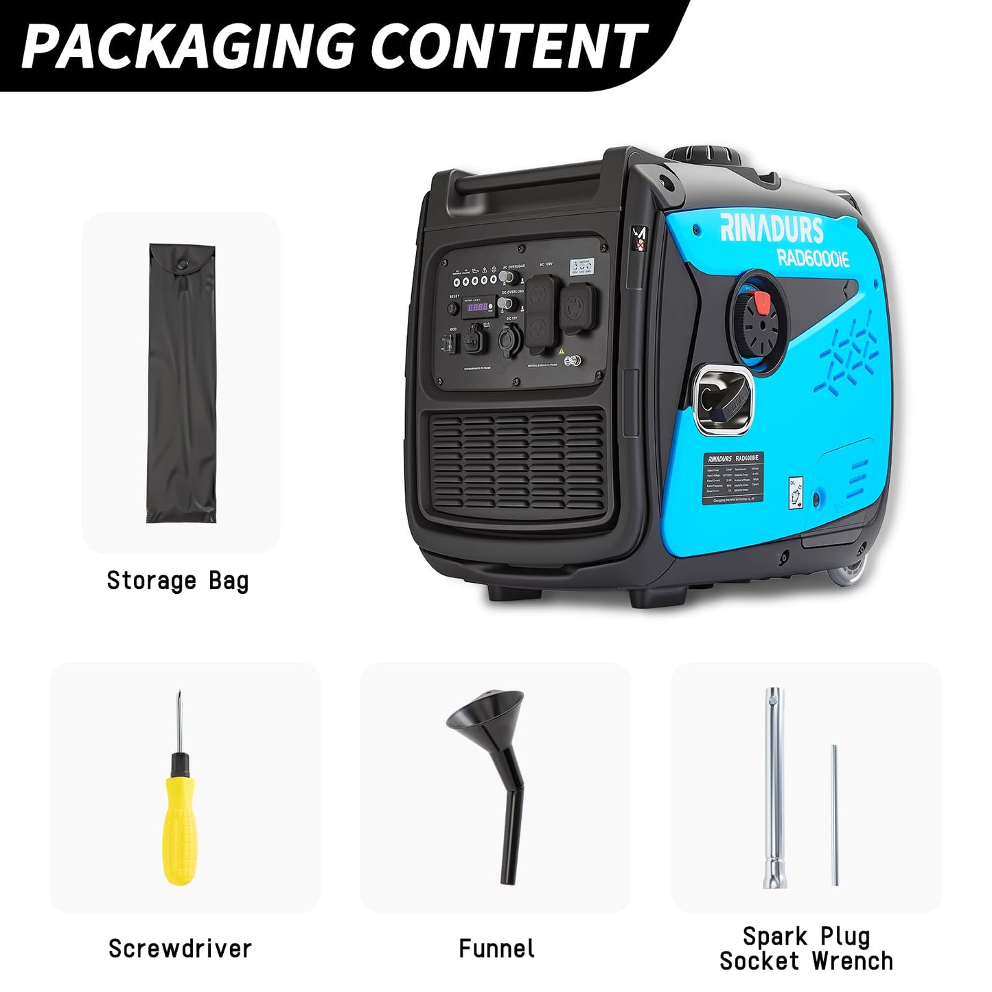 RAD 6000iE Portable Generator, 5500W Peak / 5000W Rated, 223cc Engine, ECO Mode, CO Detection, Ideal for RV and Home Backup Power