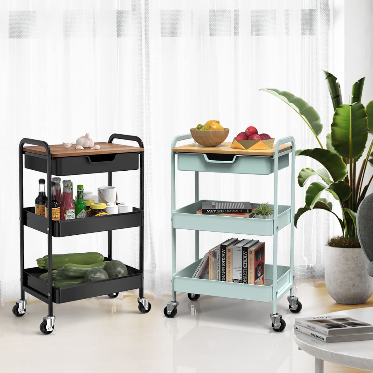 Aratan 3 Tier Rolling Cart, Utility Cart with Drawer and Table Top, Metal Rolling Kitchen Storage Organizer Cart with Handle and Locking Wheels for Bathroom Office Balcony Living Room