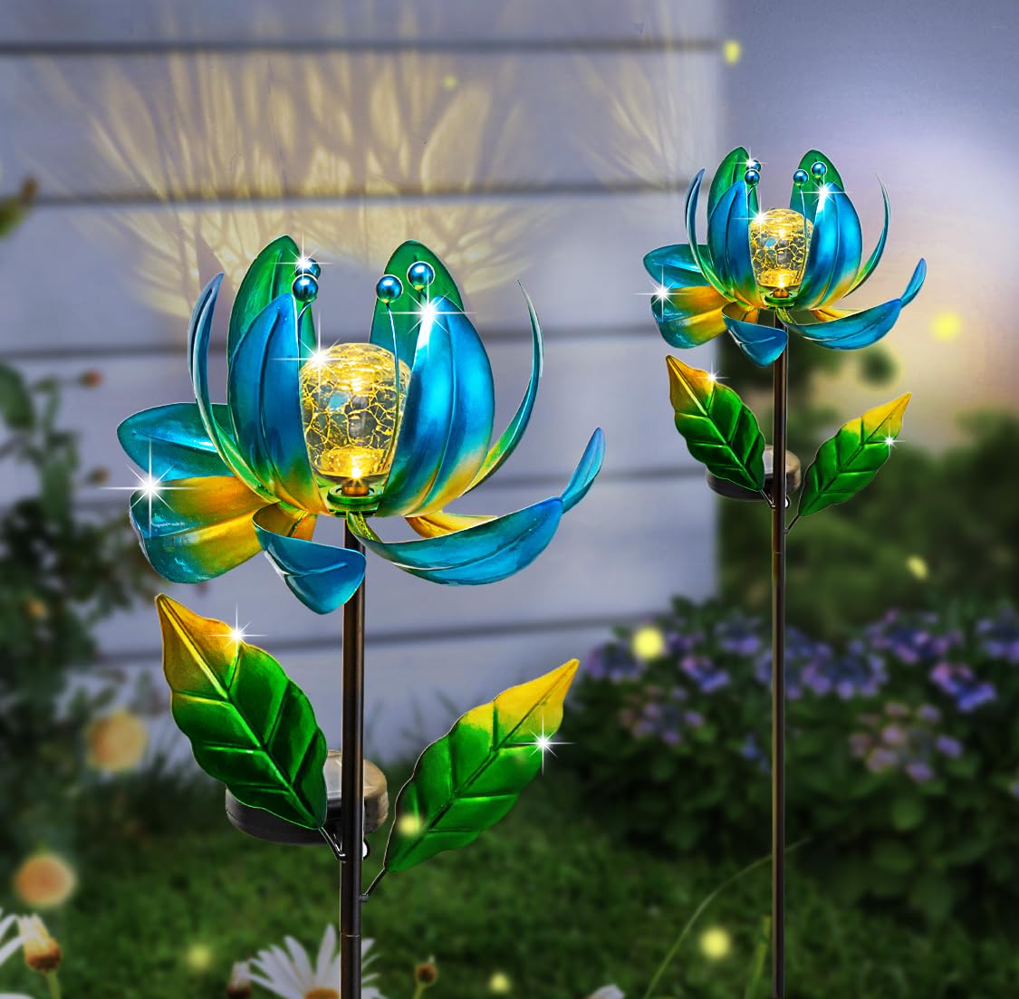 Solar Yard Lights Wind Spinners- Metal Lotus Flower Garden Decor LED Crackle Glass Globe Yard Art Sculpture Solar Stake Lights for Patio Pathway Lawn Walkway