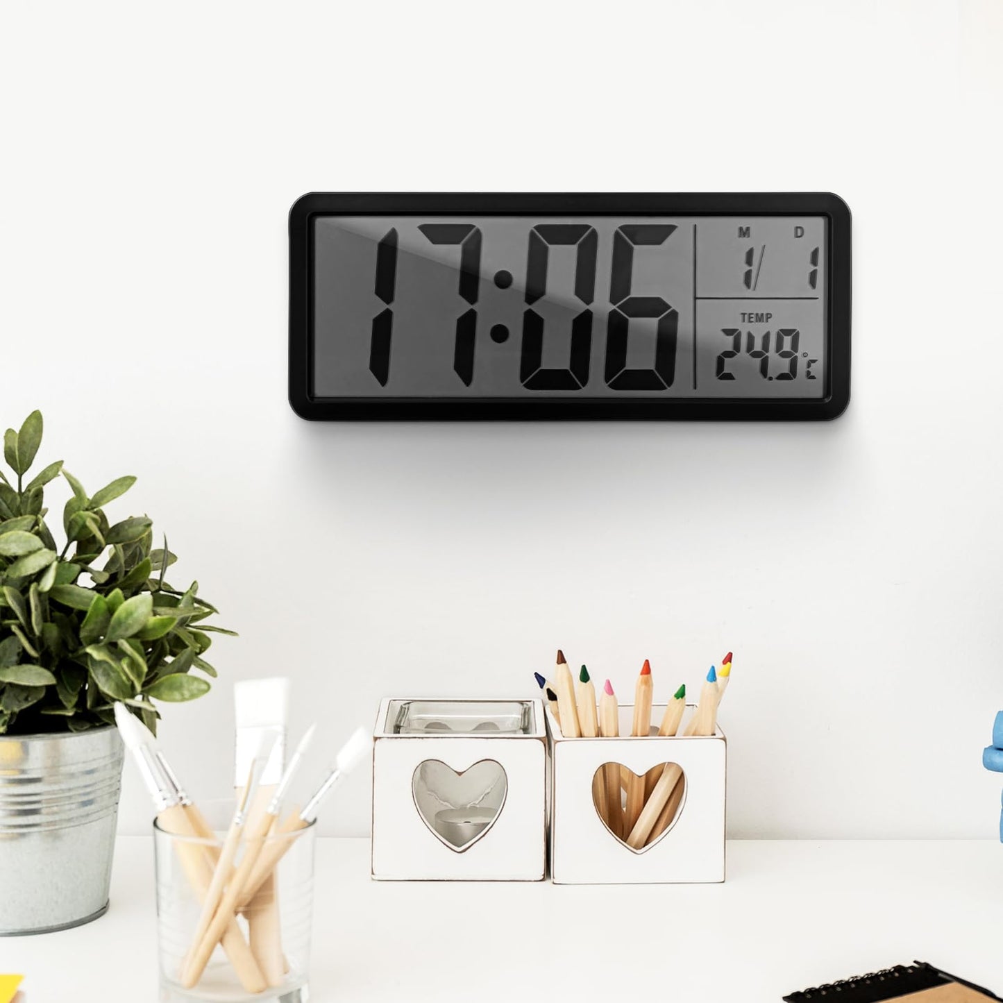 Cabilock Digital Wall Clock Battery Operated: Wall-Mounted LCD Display Clocks with Date Temperature, 12/24hr Silent Bedside Clock for Office Home Living Room Bedroom Kitchen